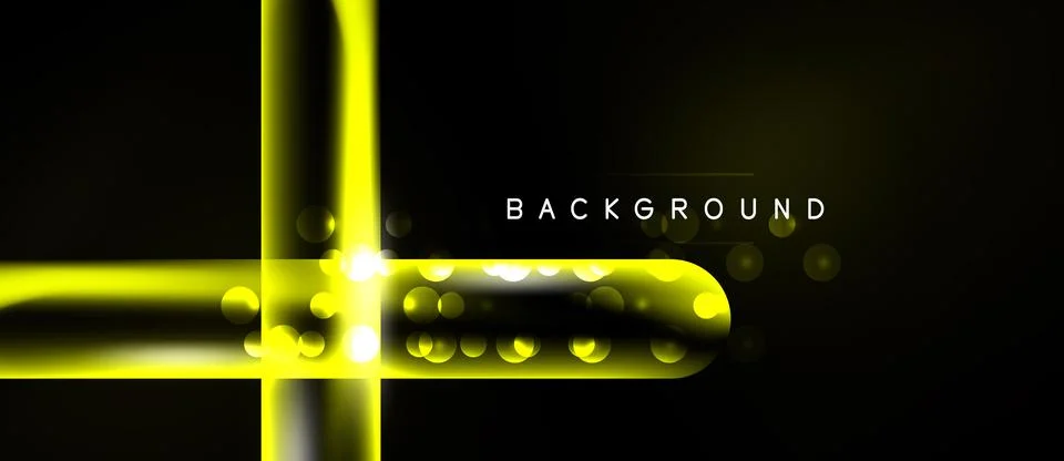 Abstract yellow lines intersect over dark background. Bright bokeh effects ad Ilustração Stock