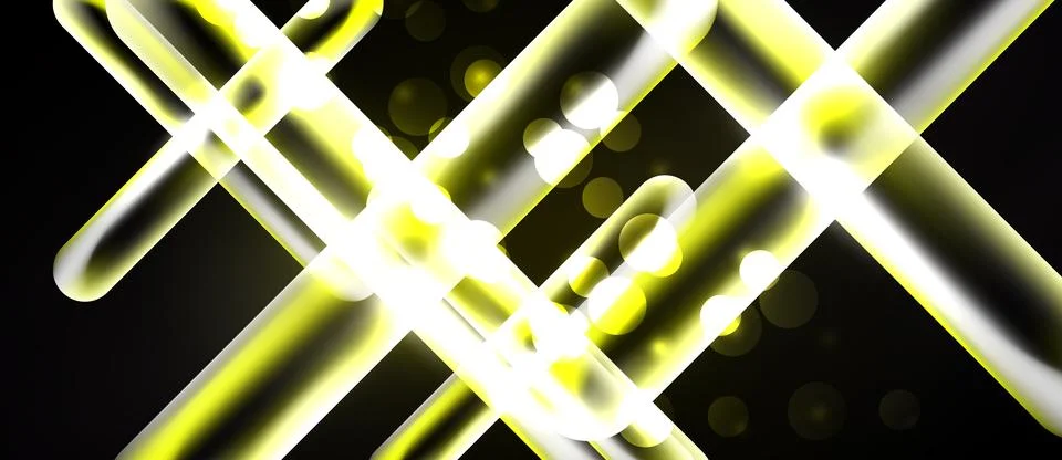 Abstract yellow lines intersect over black background. Bright circles add Illustrazione stock