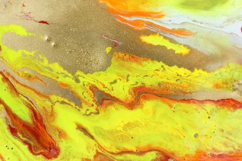 Abstract yellow marble pattern with gold glitter. Liquid paint background. Stock Illustration