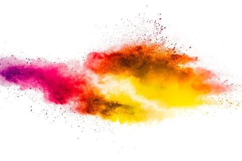 Abstract yellow orange powder explosion on white background. Freeze motion .. Stock Illustration