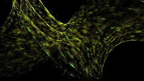 Abstract yellow particle wave patterns on dark background, showcasing fluid Stock Footage 295169242