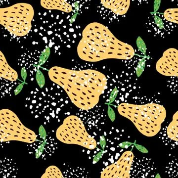 Abstract yellow pears seamless pattern on black background. Sweet fruits wall 스톡 일러스트