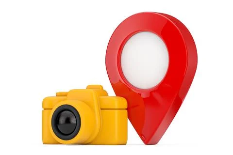 Abstract Yellow Photo Camera Web Icon with Red Map Pointer Pin. 3d Rendering Stock Illustration