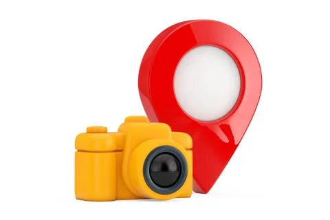 Abstract Yellow Photo Camera Web Icon with Red Map Pointer Pin. 3d Rendering Illustrazione stock