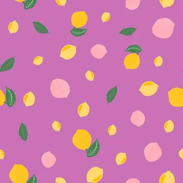 Abstract yellow pink lemons repeat pattern design on purple background Illustrazione stock