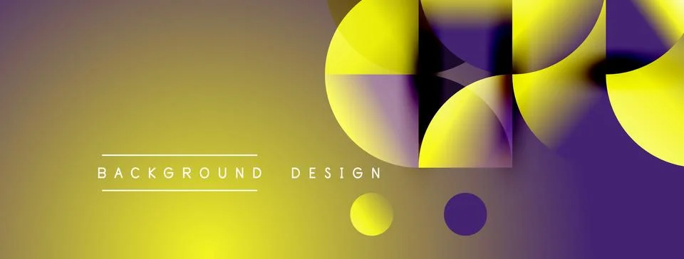 Abstract yellow, purple gradient. Overlapping circles, squares create dynamic Illustrazione stock