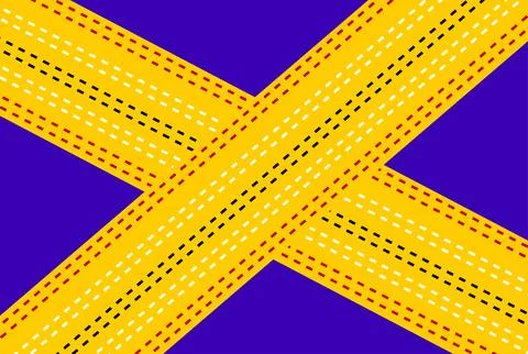 Abstract Yellow Roads Crossing Intersection On Purple Background With Dashe.. Illustrazione stock