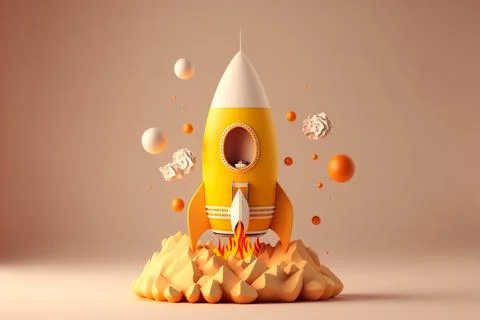 Abstract yellow rocket ship concept in cartoon style. Illustrazione stock