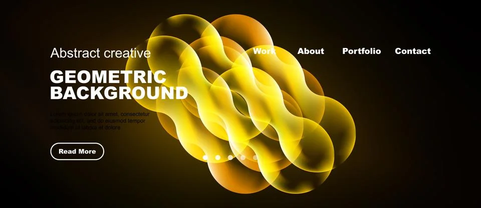 Abstract yellow shapes form dynamic background. Website header includes Stock Illustration