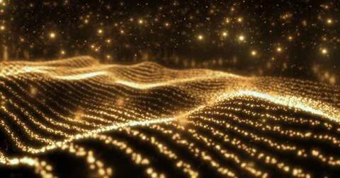 Abstract yellow wave lines from particles and dots of energetic magic with .. Illustrazione stock