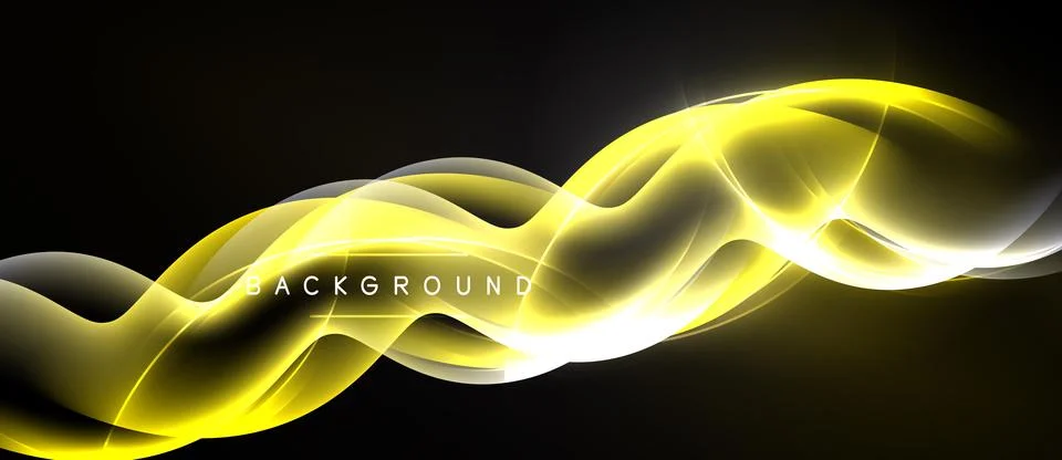 Abstract yellow waves flow across black space. Bright light creates dynamic, Illustrazione stock