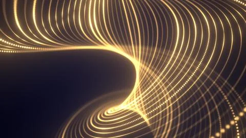 Abstract yellow waves from lines and dots particles of glowing swirling fut.. 스톡 일러스트