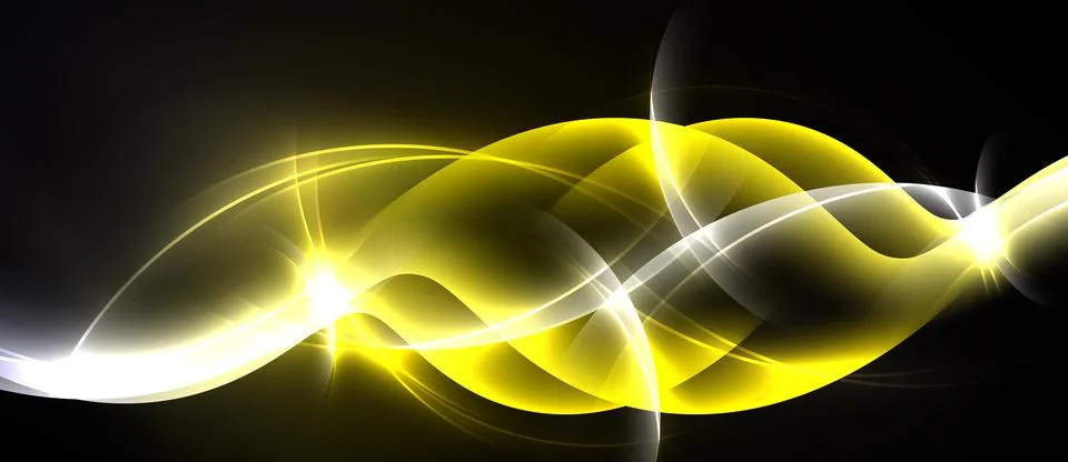 Abstract yellow, white lines flow across black background. Bright light ema.. Stock Illustration