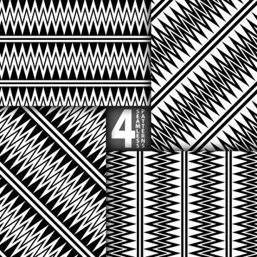 Abstract ZigZag Black White Vector Seamless Pattern, Set of 4 Illustrazione stock