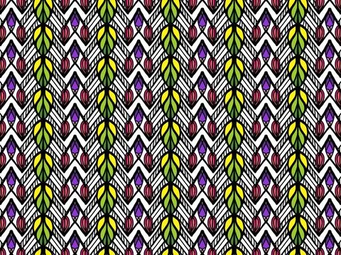 Abstract zigzag geometric pattern with vertical leaf and floral bud motifs. Stock Illustration