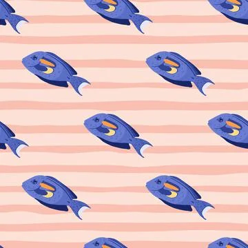 Abstract zoo seamless marine pattern with bright blue surgeon fish shapes. Pa Stockillustratie