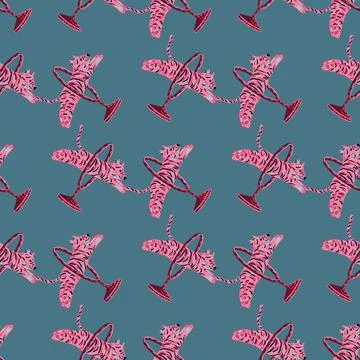 Abstract zoo seamless pattern with pink bright jumping across ring tiger prin Stock Illustration