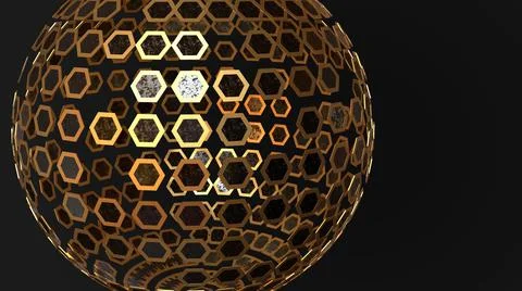Abstract3D Render,black background with metallic hexagonal object sphere pattern Stock Illustration