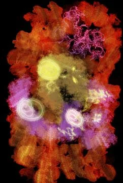 Abstraction. On a black background there are bright spots with different Stock Illustration