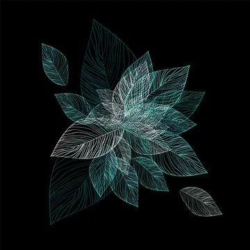 Abstraction blue skeletonized leaves on a black background . Vector illustrat Stock Illustration