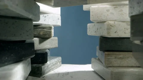 Abstraction from concrete ideal shape cubes, camera flies inside between them Stock Footage 168771236