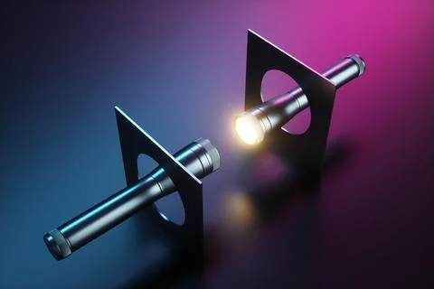 Abstraction from a flashlight and a square figure with a hole. 3d rendering i Illustrazione stock