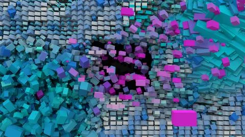 An abstraction of flying multicolored cubes of blue, turquoise and pink.  Stock Illustration