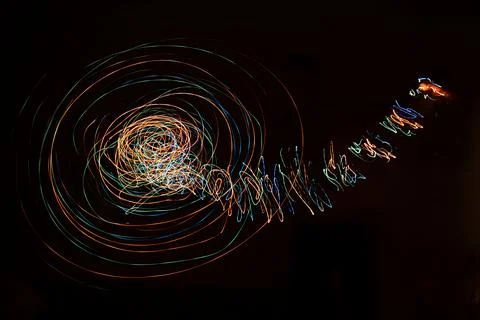 Abstraction formed by traces of circular motion of light sources in the dark. 写真素材