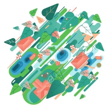 Abstraction. The house is located on a clearing. Pool and trees. Vector Stock Illustration