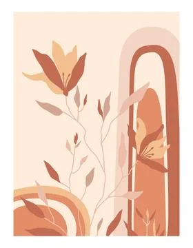 Abstraction of nature with branches of plants simple shapes on beige background Stock Illustration