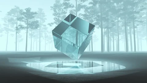 Abstraction rotating transparent cube in a pine forest. Stock Footage 169048189