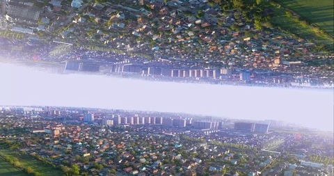 The abstraction of the upside-down city. Inverted picture. Fantasy city concept. Stockbeeldmateriaal 90403702