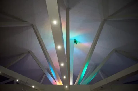 Abstraction.Beams under Polycom with coloured lights. Beautiful rich colors Stock Photos