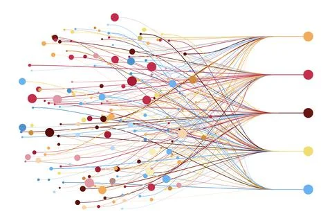 Abstractly arranged colored dots are connected by lines with sorted dots. Data Stock Illustration