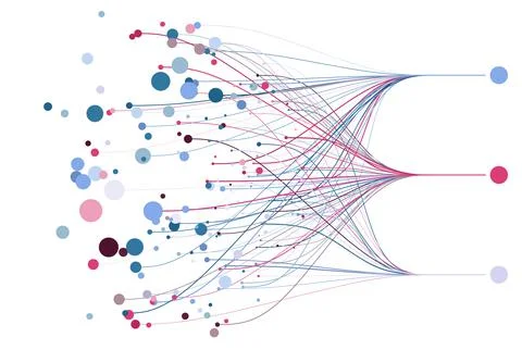 Abstractly arranged colored dots are connected by lines with sorted dots. Data Stock Illustration