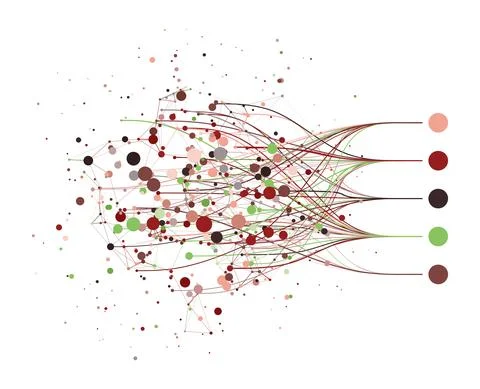 Abstractly arranged colored dots are connected by lines with sorted dots. Data Stock Illustration