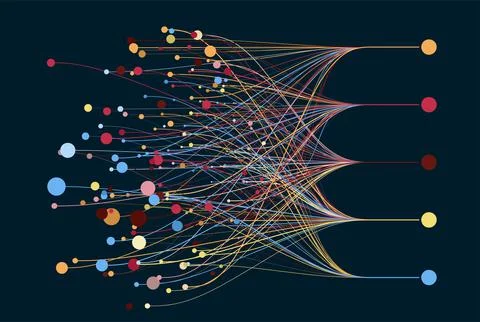Abstractly arranged colored dots are connected by lines with sorted dots. Data Stock Illustration