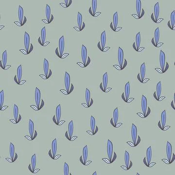 Abstrat nature seamless pattern with blue little outline leaf elements. Grey  Ilustración de archivo