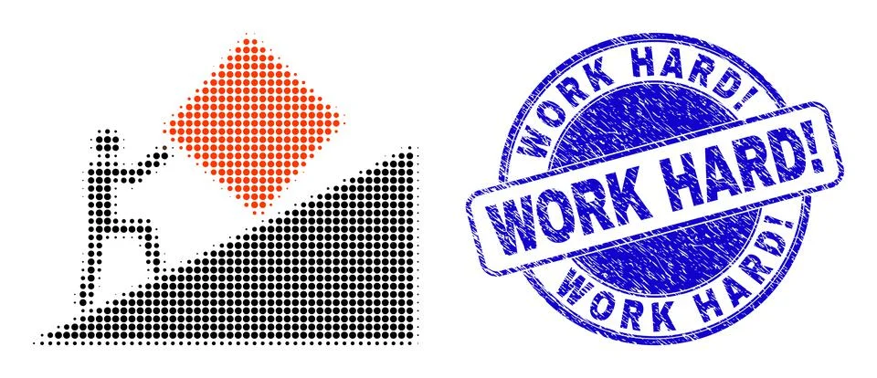 Absurd Work in Halftone Dot Style with Blue Distress Work Hard! Stamp Seal Stock Illustration