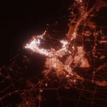 Abu Dhabi city lights map, top view from space. Aerial view on night street l Stock Photos