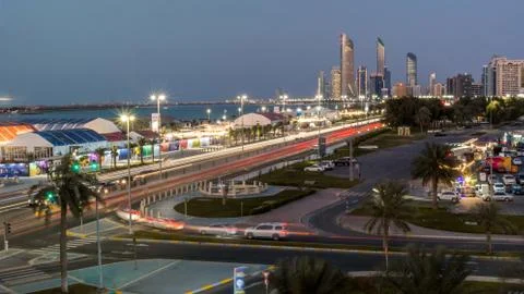 Abu Dhabi city skyline, view of the city landmarks and the Corniche street Stock Photos