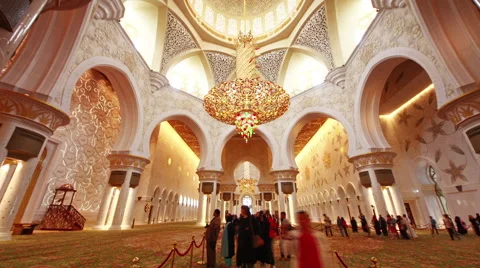 Abu dhabi famous main mosque crowded inside 4k time lapse uae Stock Footage 54120859