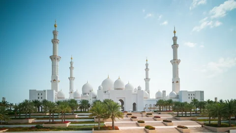 Abu dhabi famous mosque front square panorama 4k timelapse uae Stock Footage 208116271
