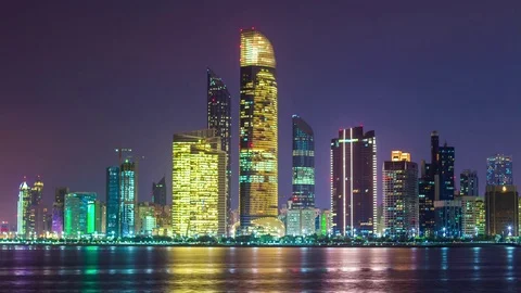 Abu dhabi night corniche bay beach downtown panorama 4k time lapse uae Stock Footage 74874617