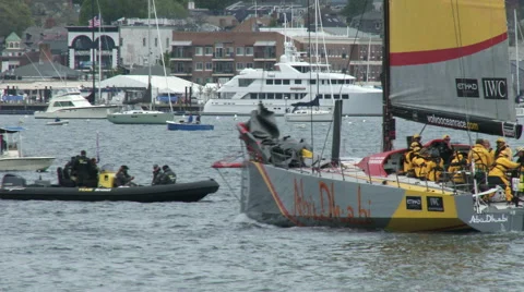 Abu Dhabi sailing team getting ready for in port race during Volvo Ocean Race Stock Footage 50966365