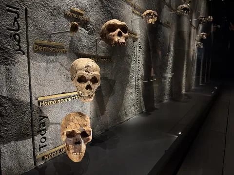 Abu Dhabi, UAE - 13 June 2026: Fossil skull collection displayed inside Natural Stock Photos