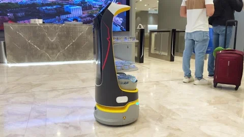 Abu Dhabi, UAE - 25th april, 2025: Robot Serves Water at Abu Dhabi Airport .. Video stock 308522431