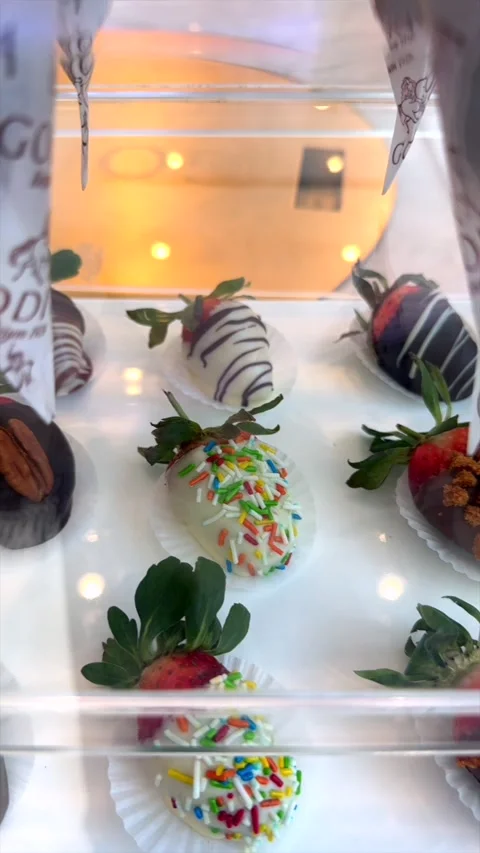 Abu Dhabi, UAE - August 28, 2024: Fresh strawberries coated in rich Godiva Stock-Footage 283085920