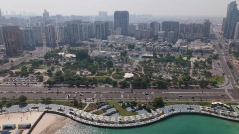 Abu Dhabi - UAE Corniche City Break Water Urban Sea Beautiful Drone Footage Stock Footage 309082616