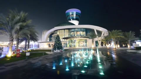 ABU DHABI, UAE - DECEMBER 9, 2016: Yas Island Marina fountain at night Vidéo 168104865